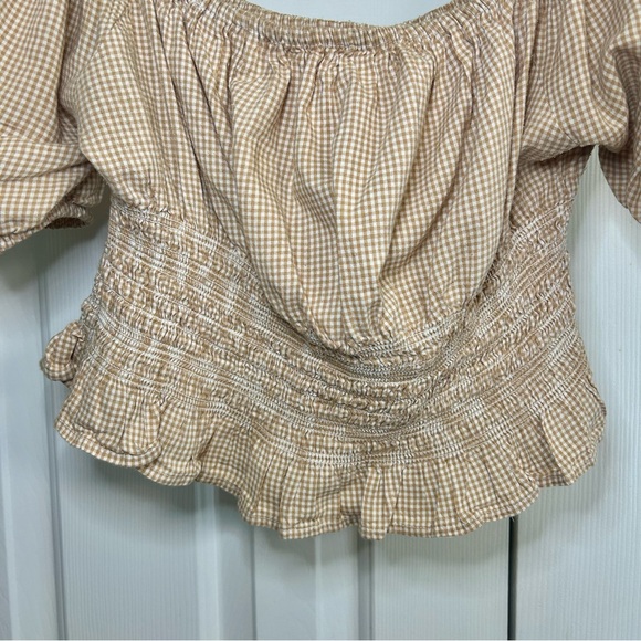 Japna Tan Check Puff Sleeve Elastic Waist Praire Cottagecore Off Shoulder Top L - Picture 3 of 14